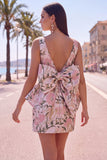 Floral Bodycon Boat Neck Blue Homecoming Dress With Bow