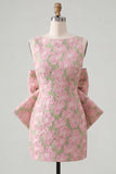 Floral Bodycon Boat Neck Blue Homecoming Dress With Bow