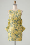 Floral Bodycon Boat Neck Blue Homecoming Dress With Bow