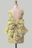 Floral Bodycon Boat Neck Blue Homecoming Dress With Bow