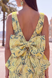 Floral Bodycon Boat Neck Blue Homecoming Dress With Bow