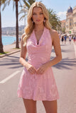 Halter Floral A Line Pink Homecoming Dress