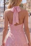 Halter Floral A Line Pink Homecoming Dress