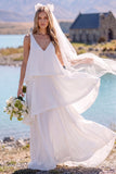 V-Neck White Tiered A Line Chiffon Maxi Engagement Dress
