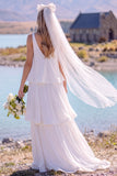 V-Neck White Tiered A Line Chiffon Maxi Engagement Dress