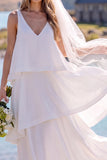 V-Neck White Tiered A Line Chiffon Maxi Engagement Dress