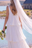 V-Neck White Tiered A Line Chiffon Maxi Engagement Dress