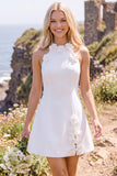 A Line Halter White Mini Engagement Dress With 3D Flowers