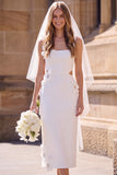 Square Neck Sheath White Midi Engagement Dress With 3D Flowers