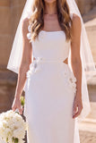 Square Neck Sheath White Midi Engagement Dress With 3D Flowers