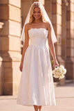 Strapless A Line Jacquard White Midi Engagement Dress