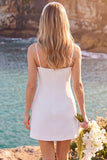 Floral A Line Spaghetti Straps White Mini Engagement Dress