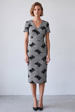 Black and White Floral Bodycon V-Neck Work Dress