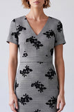 Black and White Floral Bodycon V-Neck Work Dress