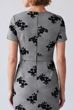 Black and White Floral Bodycon V-Neck Work Dress