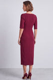 Sky Blue Sheath Square Neck Work Dress With Slit
