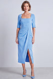 Sky Blue Sheath Square Neck Work Dress With Slit