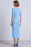 Sky Blue Sheath Square Neck Work Dress With Slit