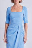 Sky Blue Sheath Square Neck Work Dress With Slit