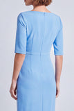 Sky Blue Sheath Square Neck Work Dress With Slit