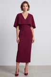Burgundy V-Neck Sheath Work Dress With Cape