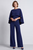 Navy Blue Boat Neck Women Jumpsuit With Cape