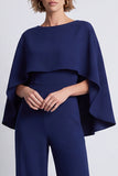 Navy Blue Boat Neck Women Jumpsuit With Cape