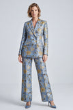 Floral Dusty Blue Notched Lapel 2-piece Women Suits