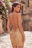 V-Neck Bodycon Gold Sparkly Homecoming Dress