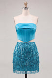 Royal Blue Corset Strapless Bodycon Homecoming Dress With Fringes