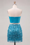Royal Blue Corset Strapless Bodycon Homecoming Dress With Fringes