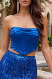 Royal Blue Corset Strapless Bodycon Homecoming Dress With Fringes