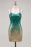Royal Blue and Gold Sequins Spaghetti Straps Bodycon Homecoming Dress