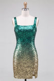 Square Neck Royal Blue and Gold Sequins Bodycon Homecoming Dress