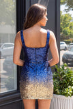 Square Neck Royal Blue and Gold Sequins Bodycon Homecoming Dress