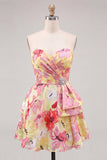 Pink Floral Strapless A Line Homecoming Dress