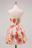 Pink Floral Strapless A Line Homecoming Dress