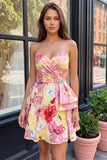 Pink Floral Strapless A Line Homecoming Dress