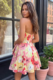 Pink Floral Strapless A Line Homecoming Dress