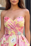 Pink Floral Strapless A Line Homecoming Dress