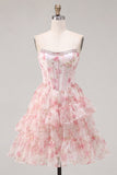 Strapless Corset Pink A Line Floral Homecoming Dress With Pearls