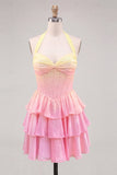 Pink and Yellow Corset Halter A Line Homecoming Dress