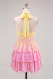 Pink and Yellow Corset Halter A Line Homecoming Dress