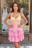 Pink and Yellow Corset Halter A Line Homecoming Dress