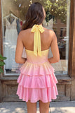 Pink and Yellow Corset Halter A Line Homecoming Dress