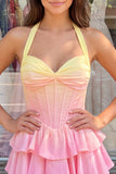Pink and Yellow Corset Halter A Line Homecoming Dress
