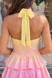 Pink and Yellow Corset Halter A Line Homecoming Dress