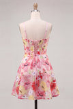 Corset Floral Pink A Line Spaghetti Straps Homecoming Dress