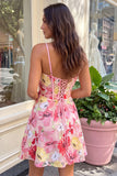 Corset Floral Pink A Line Spaghetti Straps Homecoming Dress