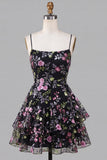 Floral Black Spaghetti Straps A Line Homecoming Dress